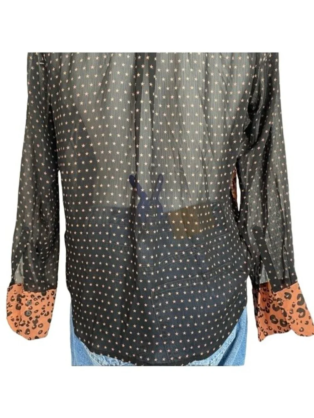 Scotch & Soda Maison Scotch Black Sheer Star Print Blouse With Leopard Print Acc - Picture 12 of 12